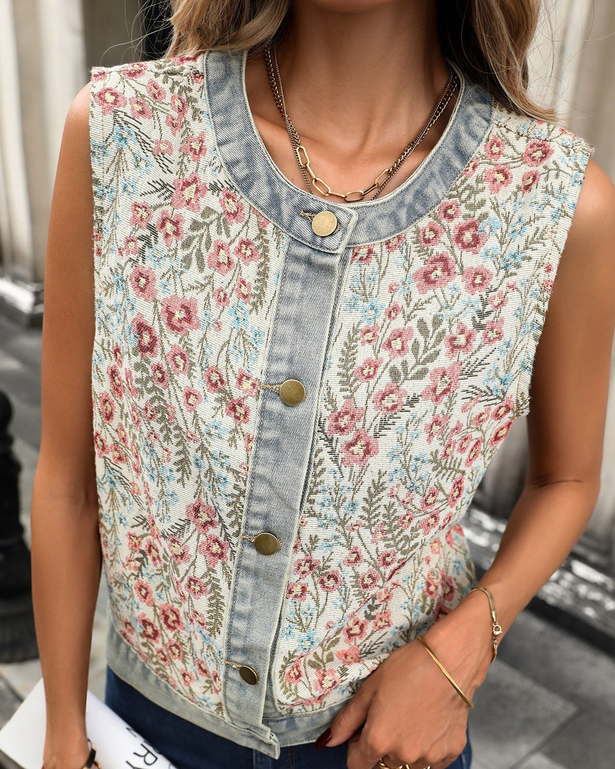 Floral Tapestry Denim Trim Button Front Vest - Red - 1