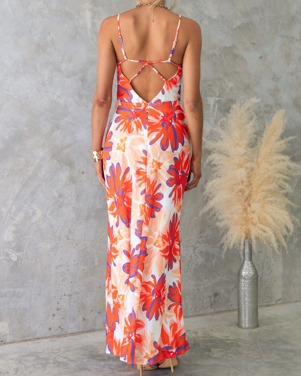 Tropical Floral Backless Halter Maxi Dress - Orange