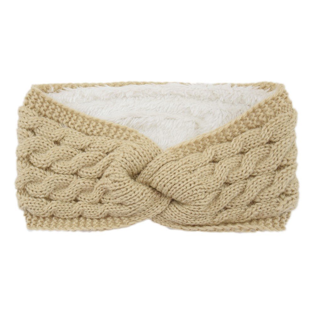 Twist Cable Knit Fleece Lined Ear Warmer Headband - Beige