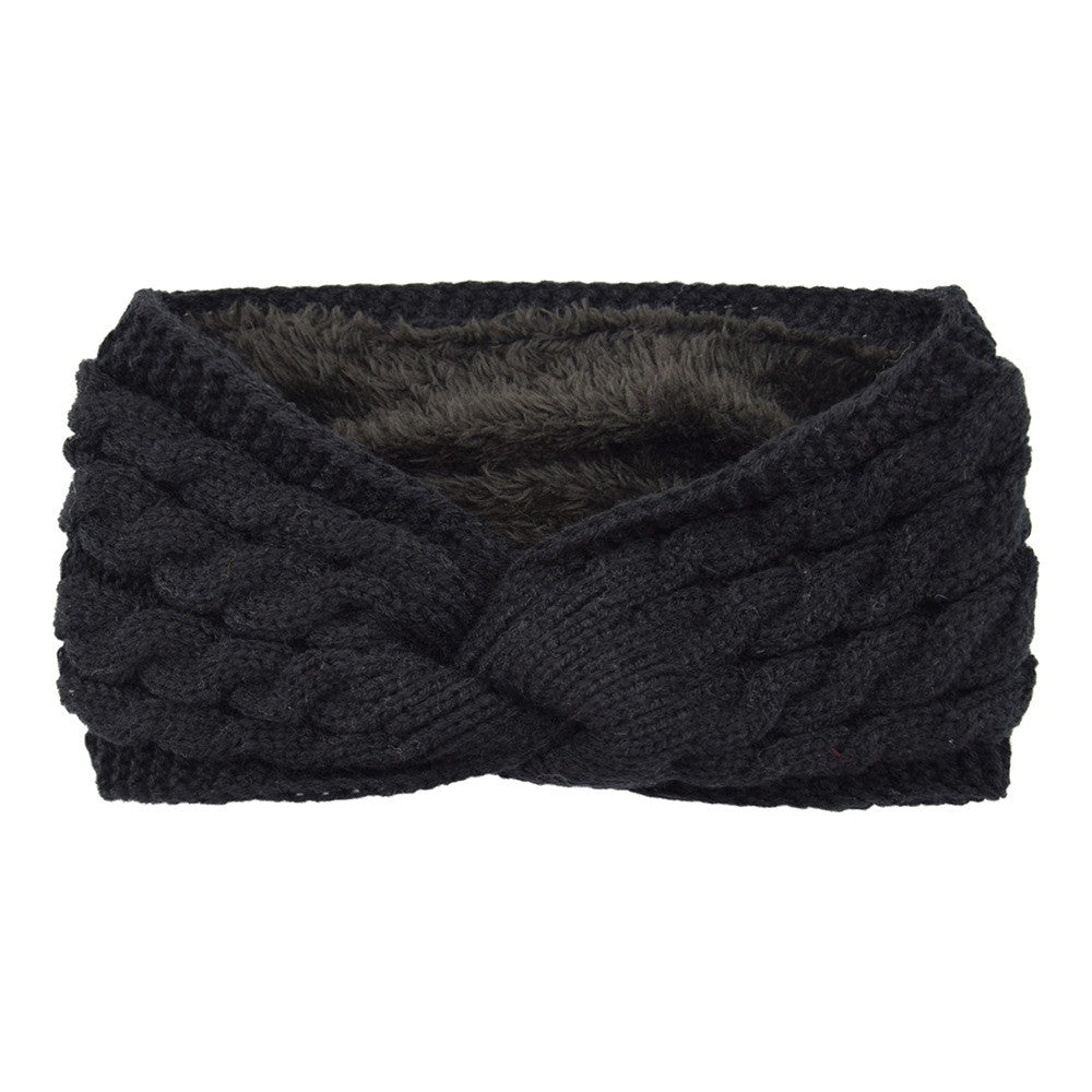 Twist Cable Knit Fleece Lined Ear Warmer Headband - Black