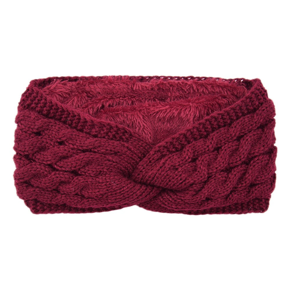 Twist Cable Knit Fleece Lined Ear Warmer Headband - Burgundy