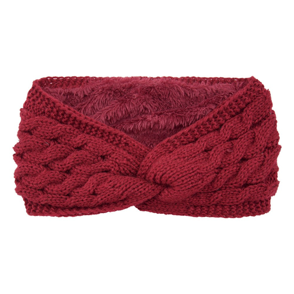 Twist Cable Knit Fleece Lined Ear Warmer Headband - Crimson
