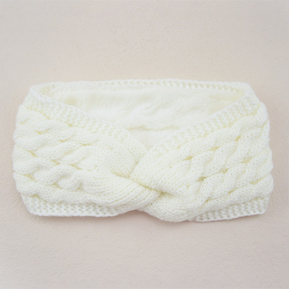 Twist Cable Knit Fleece Lined Ear Warmer Headband - Ivory