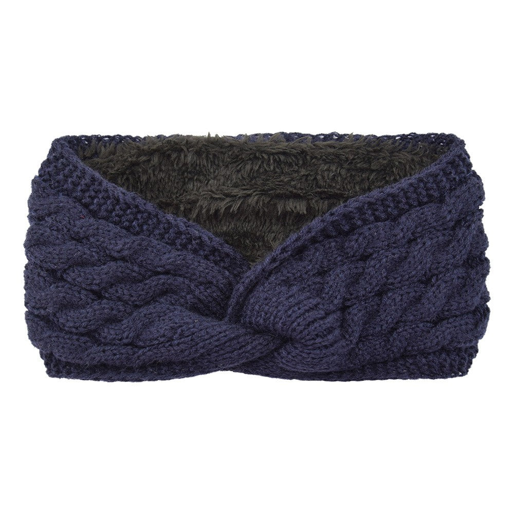 Twist Cable Knit Fleece Lined Ear Warmer Headband - Navy