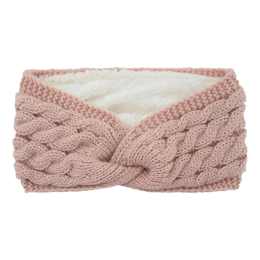 Twist Cable Knit Fleece Lined Ear Warmer Headband - Pink