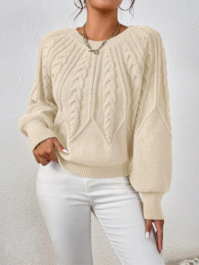 Cable Knit Crew Neck Balloon Sleeve Raglan Sweater - Apricot