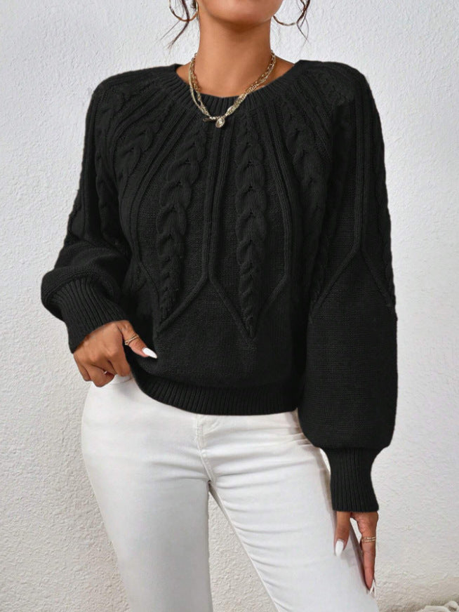 Cable Knit Crew Neck Balloon Sleeve Raglan Sweater - Black