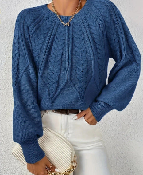 Cable Knit Crew Neck Balloon Sleeve Raglan Sweater - Dark_Blue
