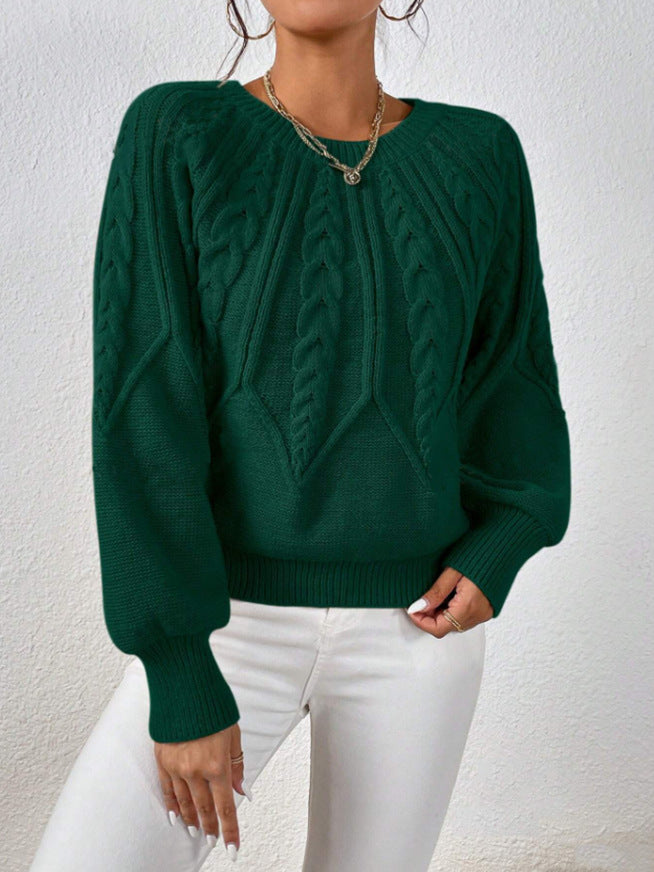 Cable Knit Crew Neck Balloon Sleeve Raglan Sweater - Dark_Green