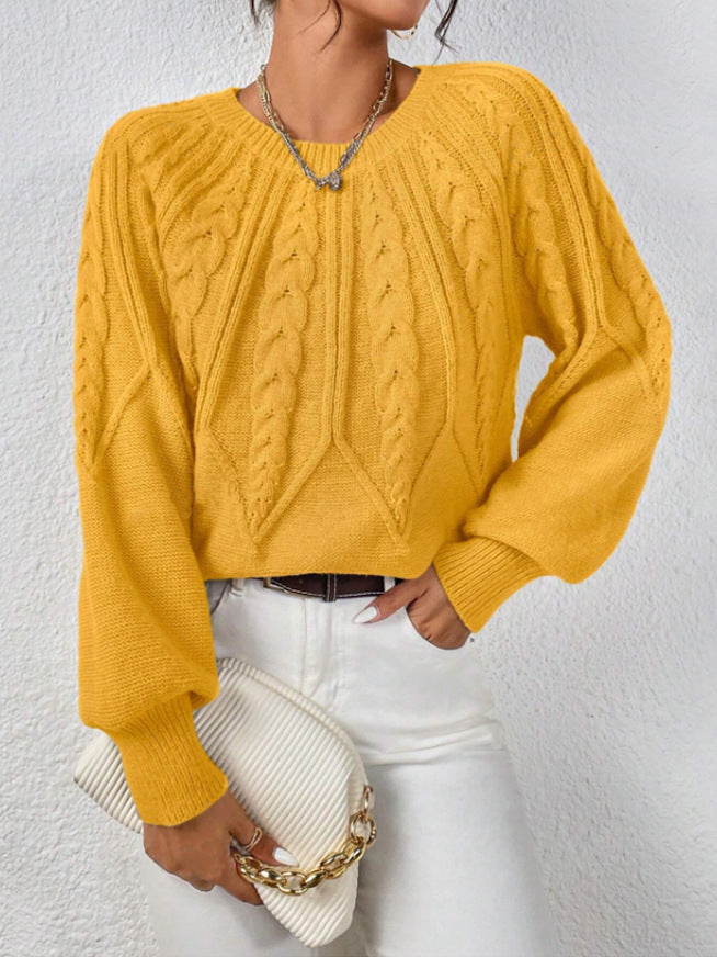 Cable Knit Crew Neck Balloon Sleeve Raglan Sweater - Ginger