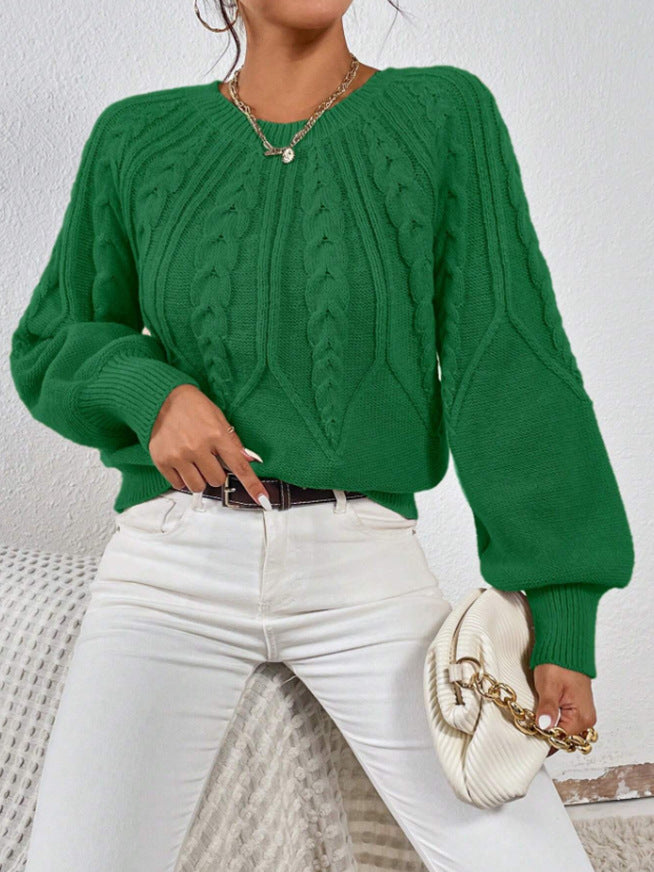 Cable Knit Crew Neck Balloon Sleeve Raglan Sweater - Green