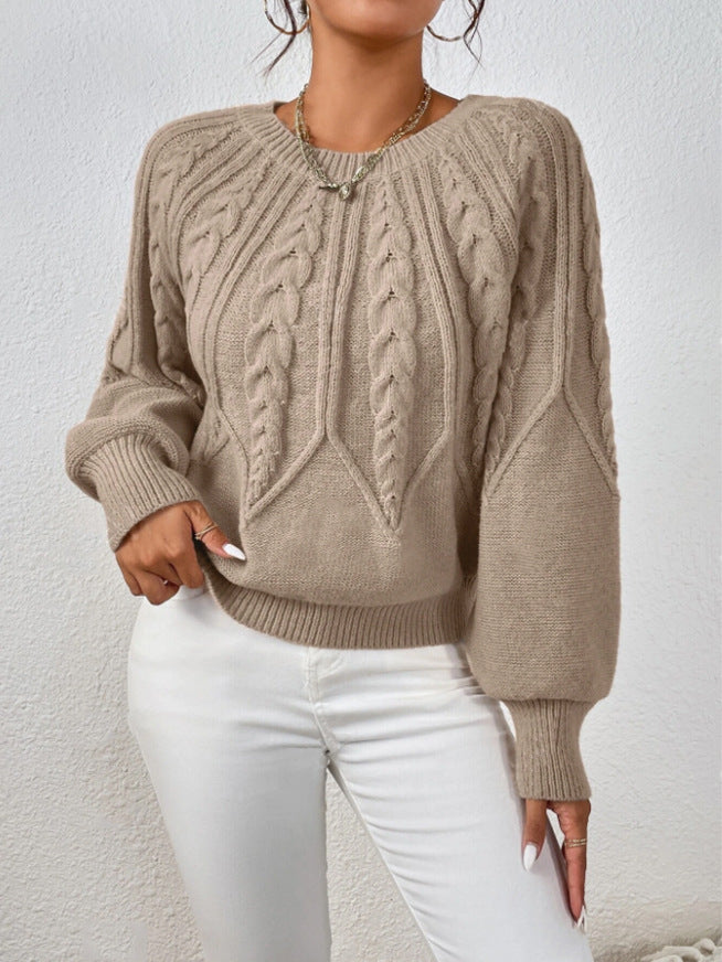 Cable Knit Crew Neck Balloon Sleeve Raglan Sweater - Khaki