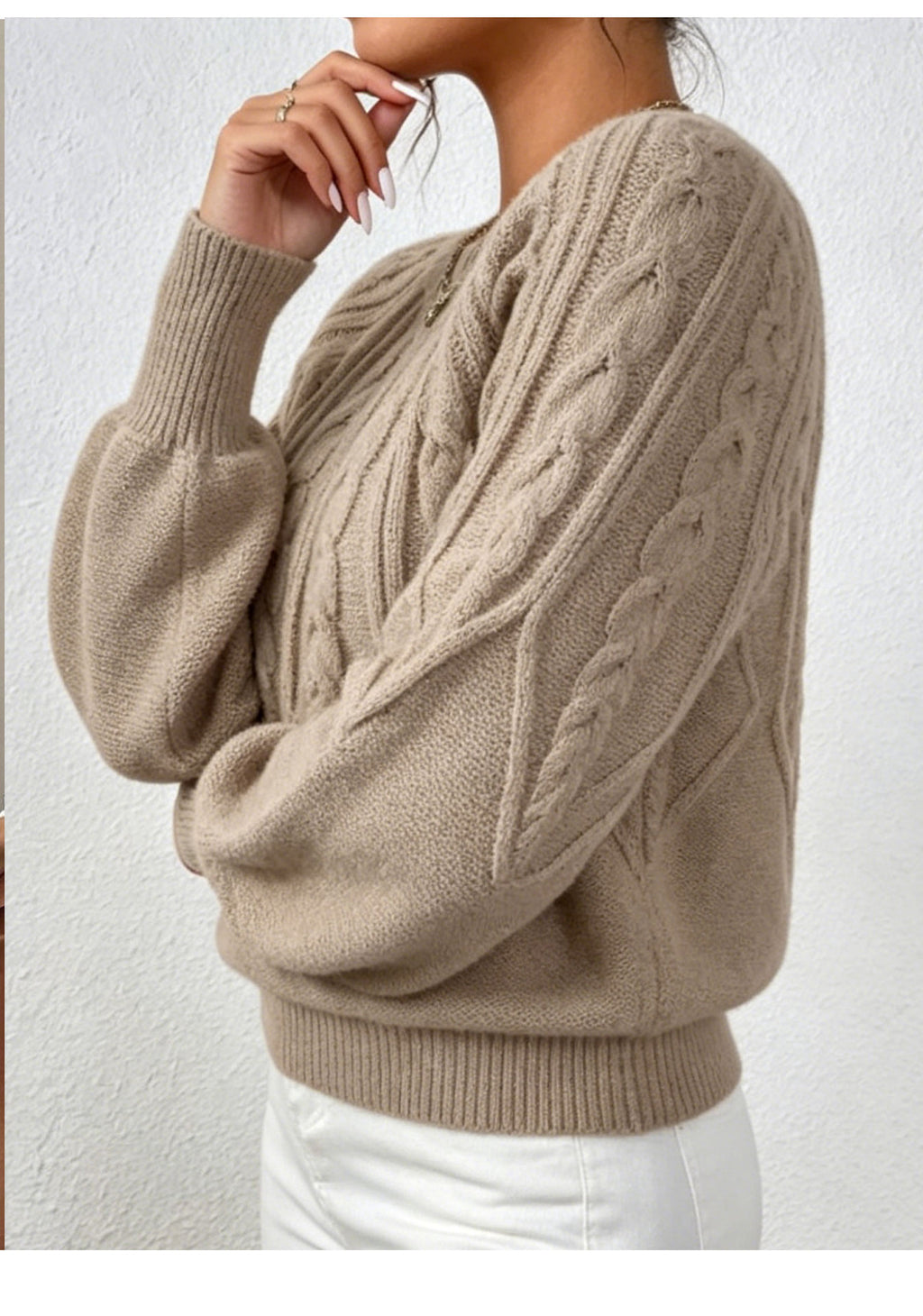 Cable Knit Crew Neck Balloon Sleeve Raglan Sweater - Khaki - 1