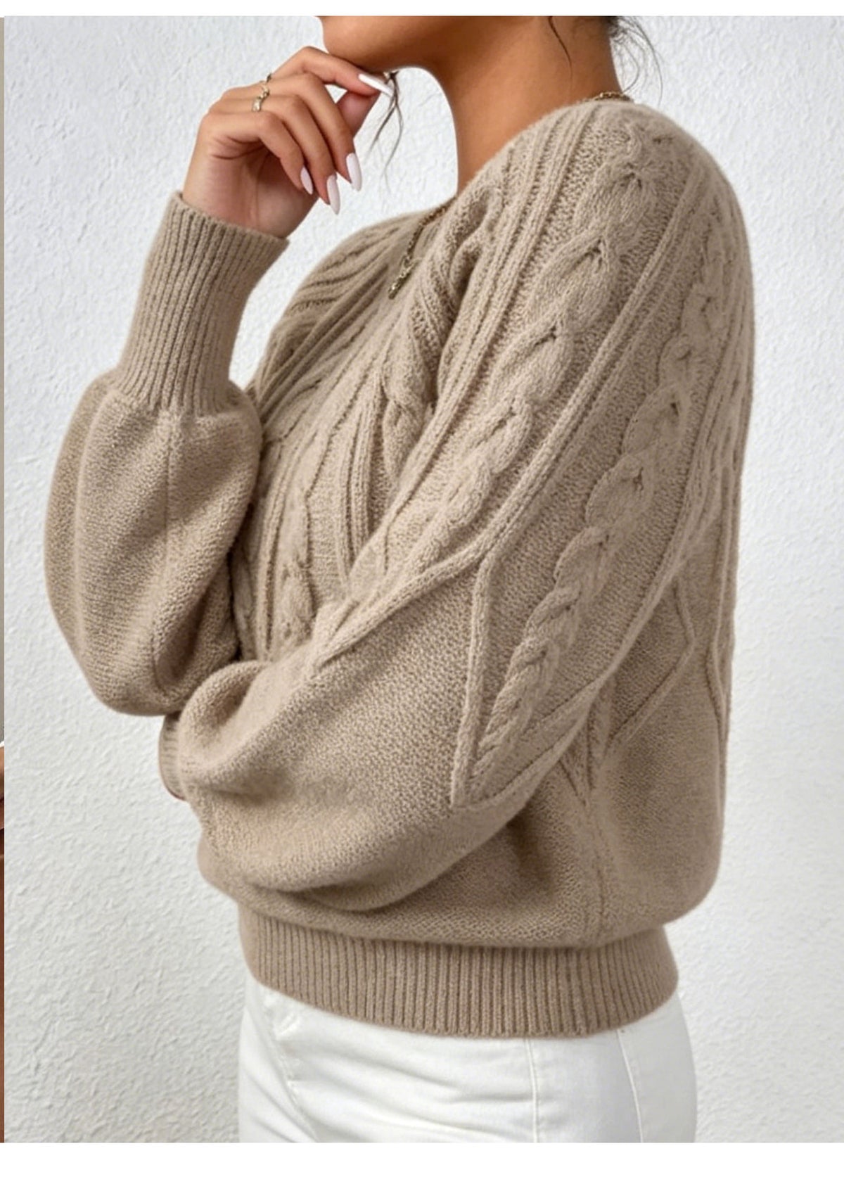 Cable Knit Crew Neck Balloon Sleeve Raglan Sweater - Khaki - 1