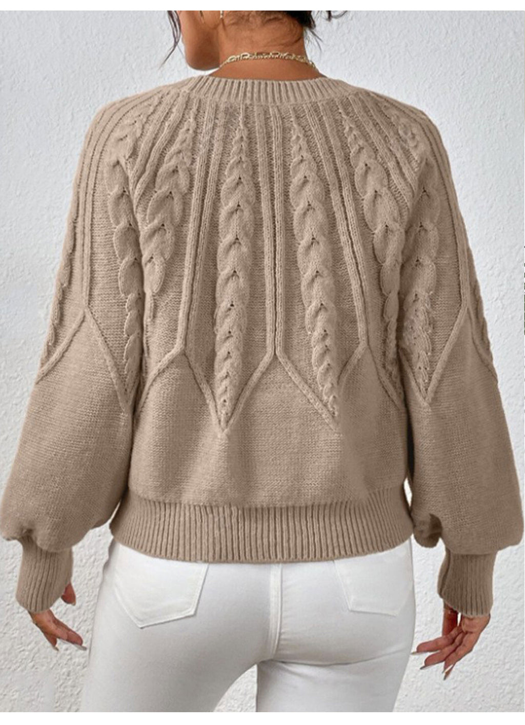 Cable Knit Crew Neck Balloon Sleeve Raglan Sweater - Khaki - 2