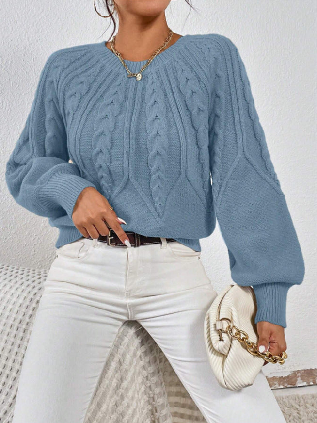 Cable Knit Crew Neck Balloon Sleeve Raglan Sweater - Light_Blue