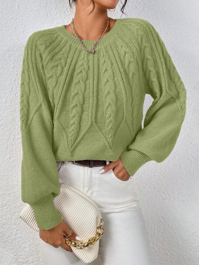 Cable Knit Crew Neck Balloon Sleeve Raglan Sweater - Light_Green