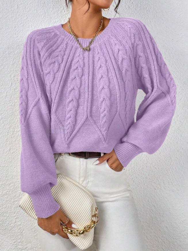 Cable Knit Crew Neck Balloon Sleeve Raglan Sweater - Light_Purple