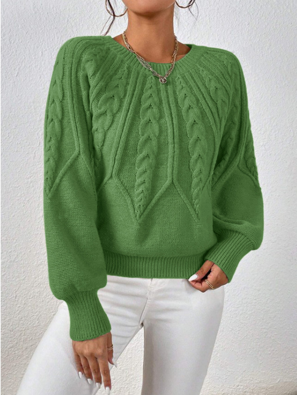 Cable Knit Crew Neck Balloon Sleeve Raglan Sweater - Olive