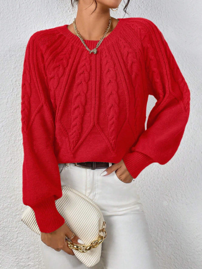 Cable Knit Crew Neck Balloon Sleeve Raglan Sweater - Red