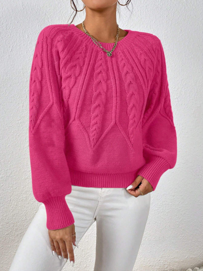 Cable Knit Crew Neck Balloon Sleeve Raglan Sweater - Rose_Red