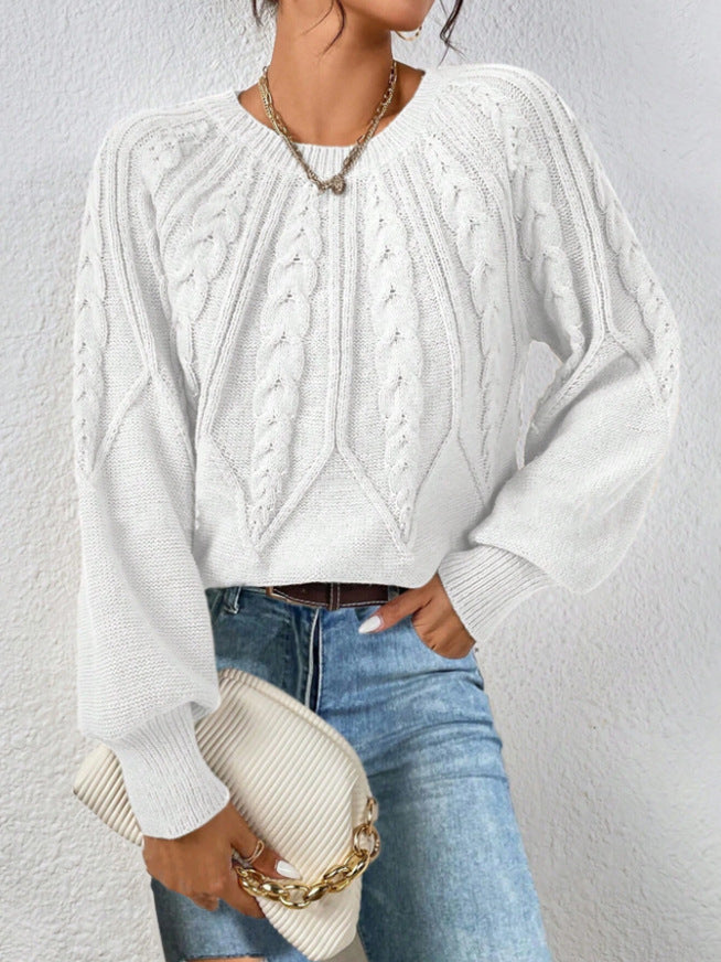 Cable Knit Crew Neck Balloon Sleeve Raglan Sweater - White