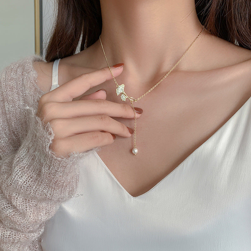 Double Layered Pearl Pendant Chain Necklace - Color_02
