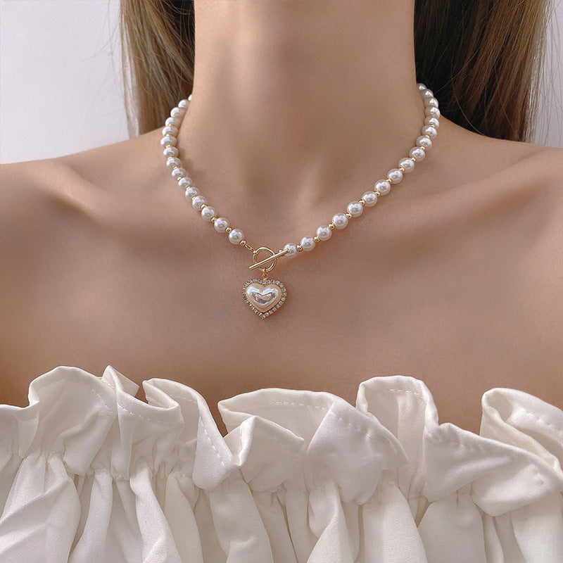 Double Layered Pearl Pendant Chain Necklace - Color_04