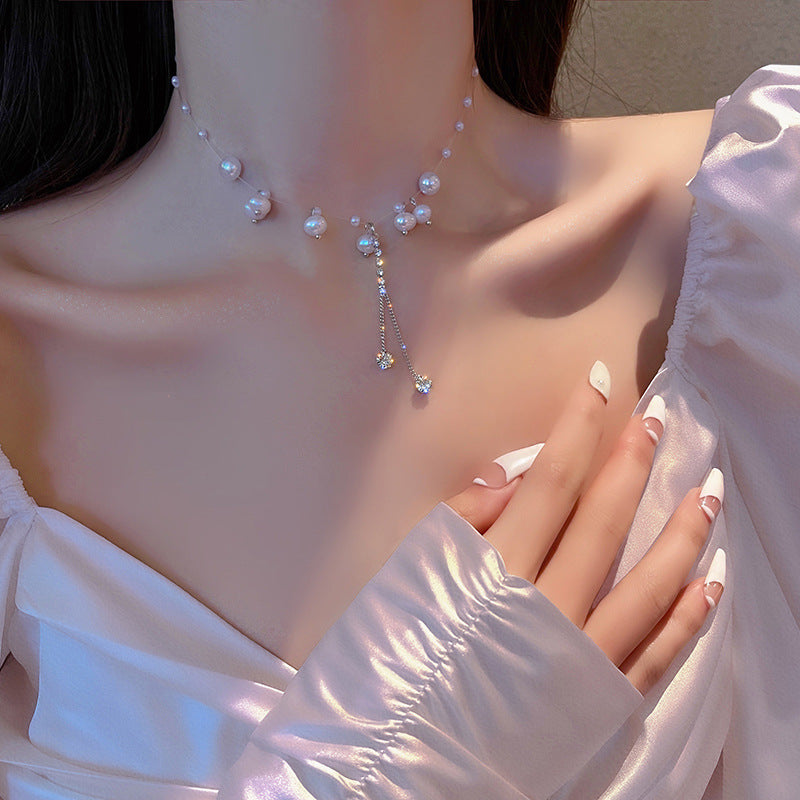 Double Layered Pearl Pendant Chain Necklace - Color_05