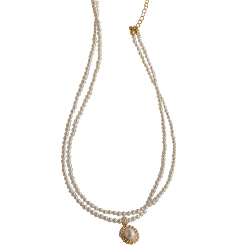Double Layered Pearl Pendant Chain Necklace
