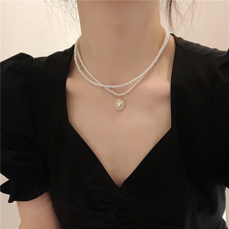 Double Layered Pearl Pendant Chain Necklace - view 1