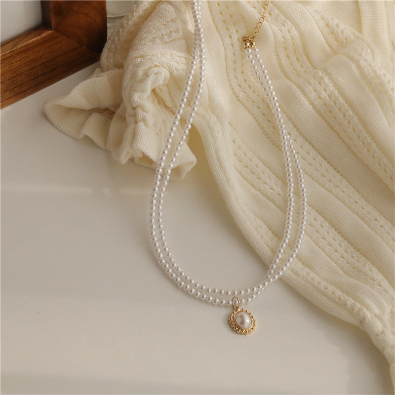 Double Layered Pearl Pendant Chain Necklace - view 2