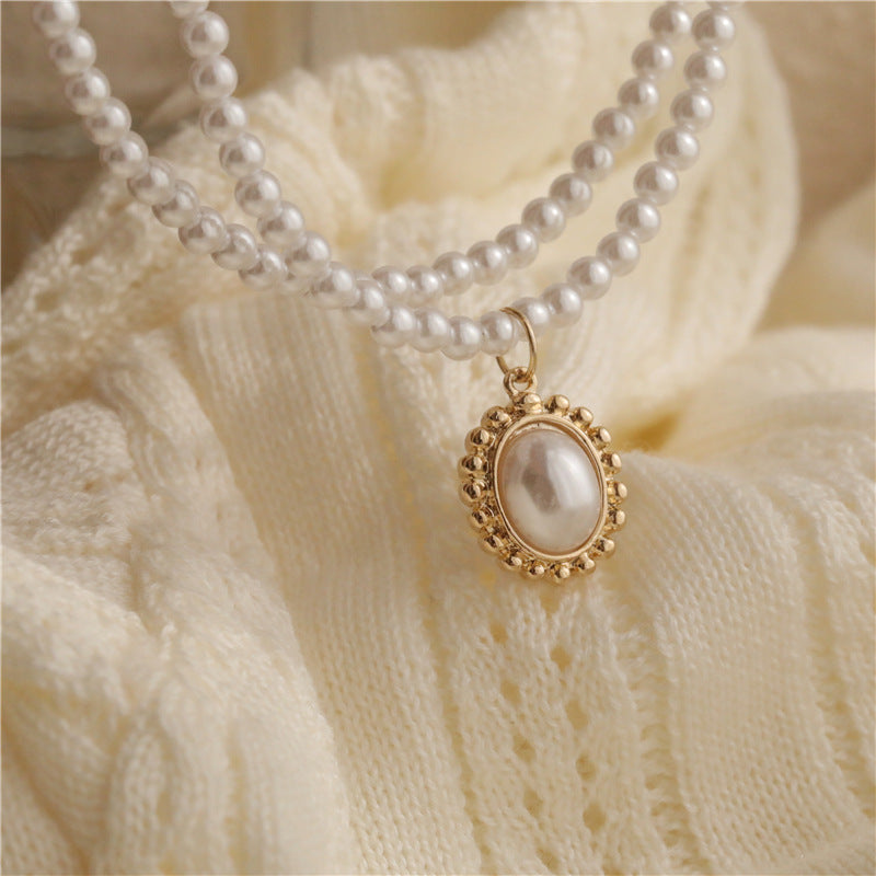 Double Layered Pearl Pendant Chain Necklace - view 3