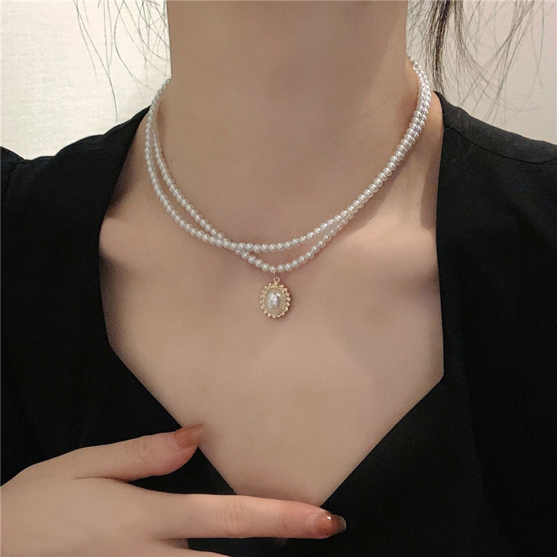 Double Layered Pearl Pendant Chain Necklace - view 4