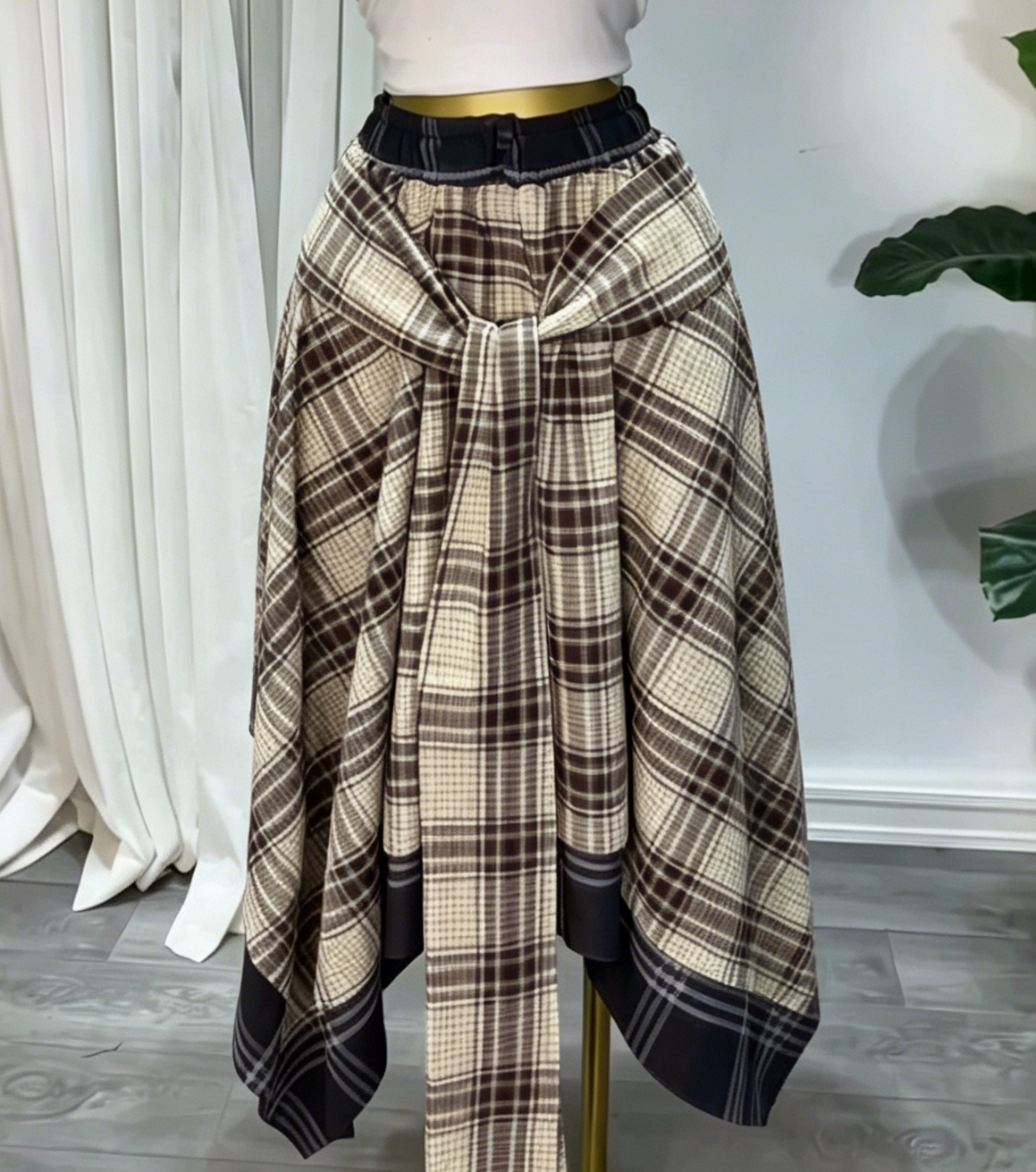 Plaid Midi Skirt With Shirt Tie Waist - Apricot