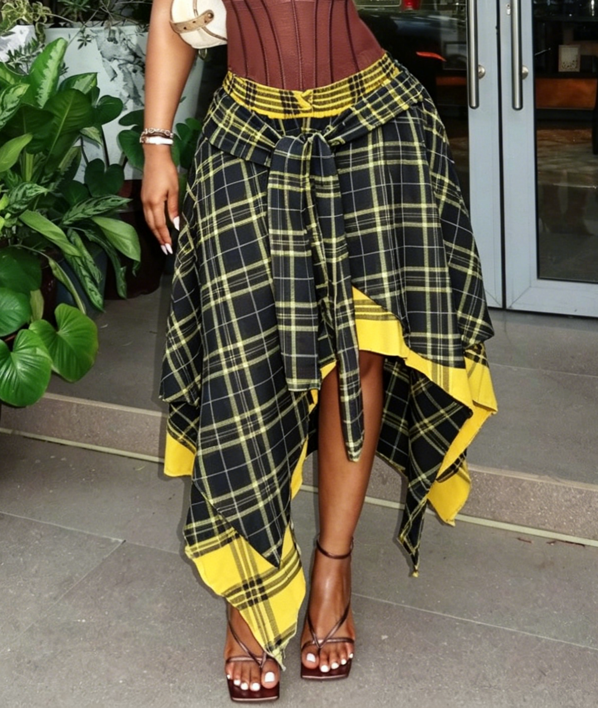 Plaid Midi Skirt With Shirt Tie Waist - NavyBlue