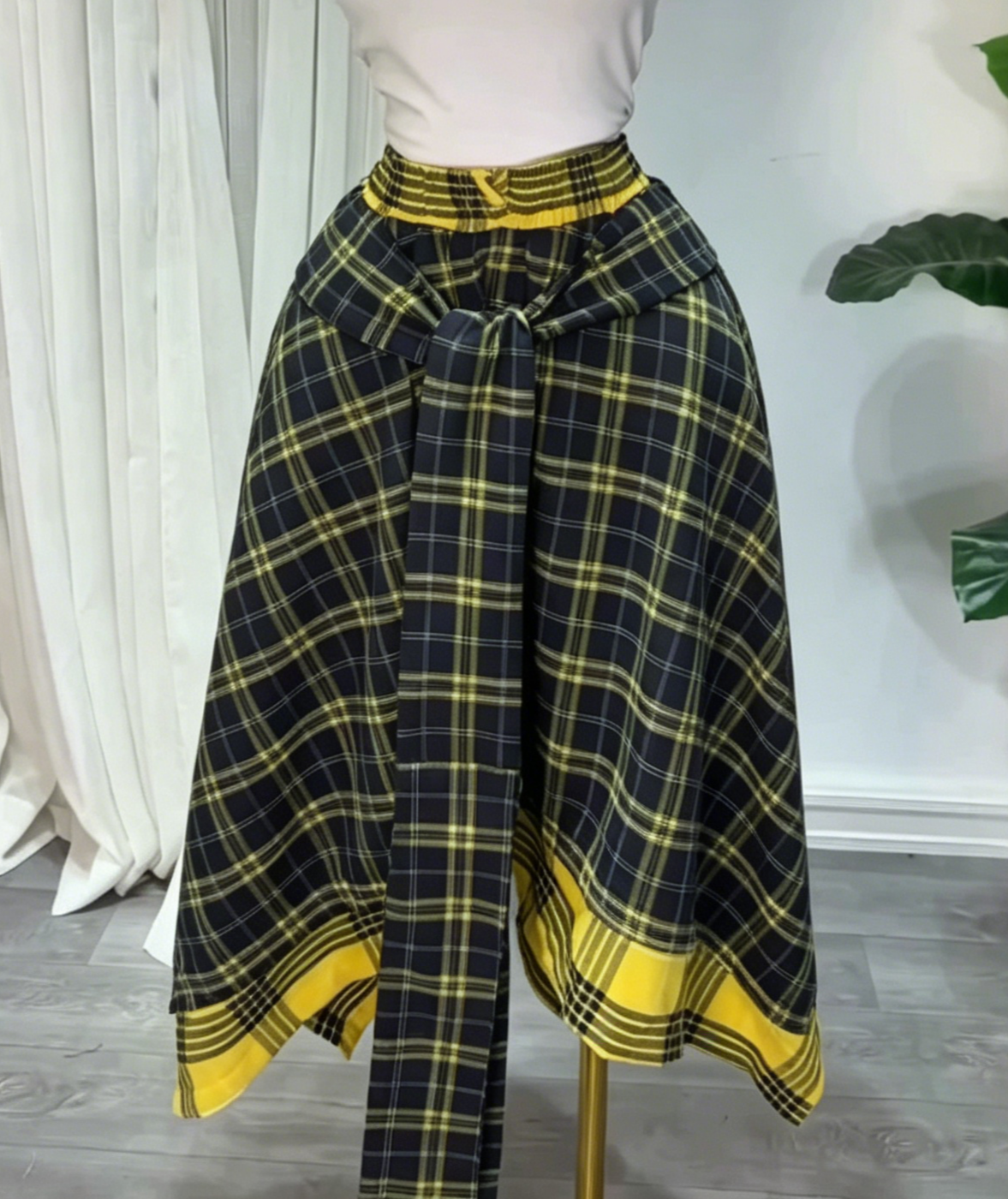 Plaid Midi Skirt With Shirt Tie Waist - NavyBlue - 1