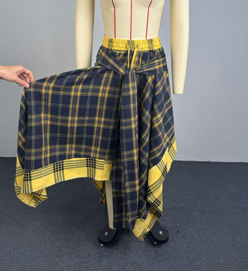 Plaid Midi Skirt With Shirt Tie Waist - NavyBlue - 4