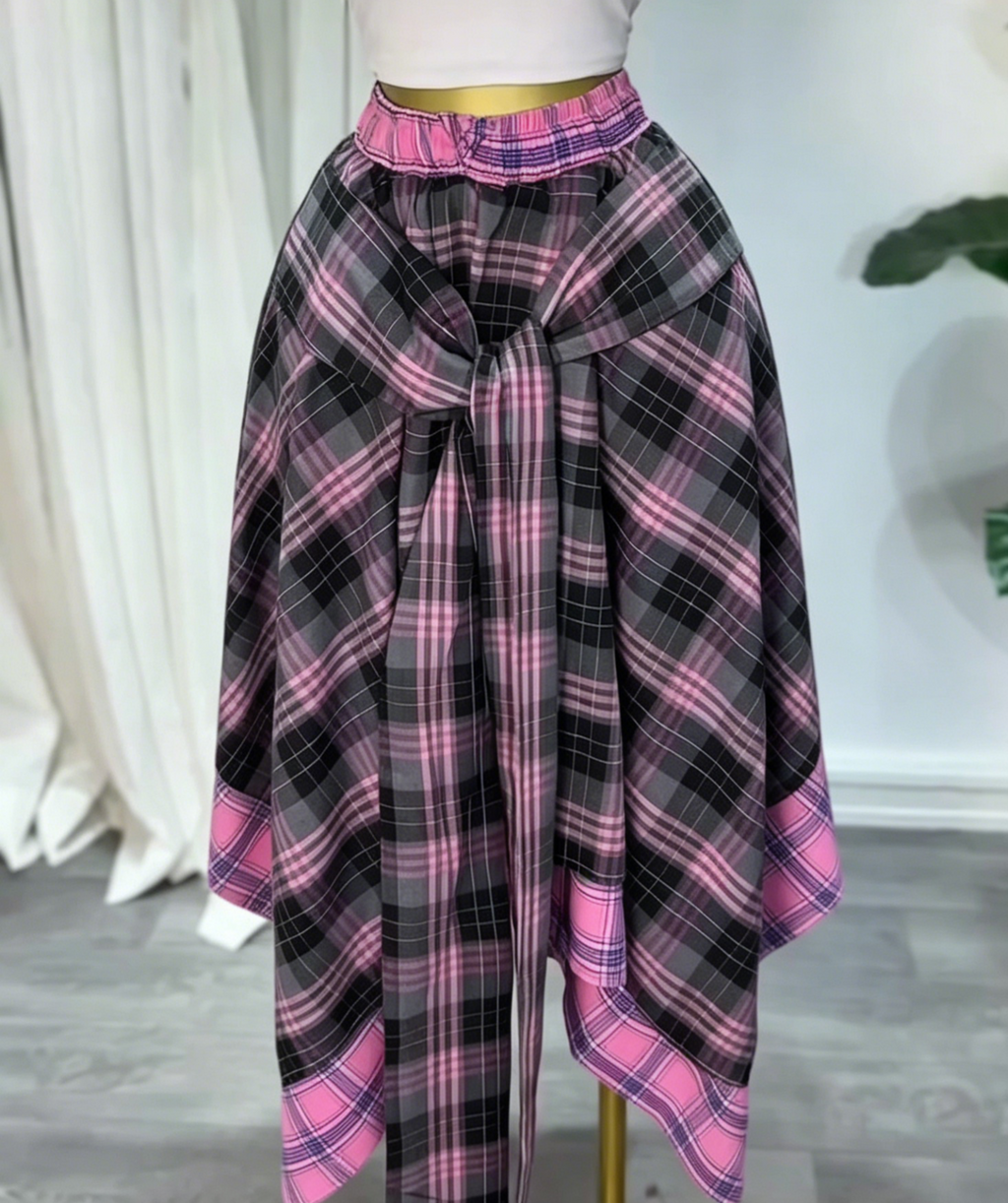 Plaid Midi Skirt With Shirt Tie Waist - Rose_red