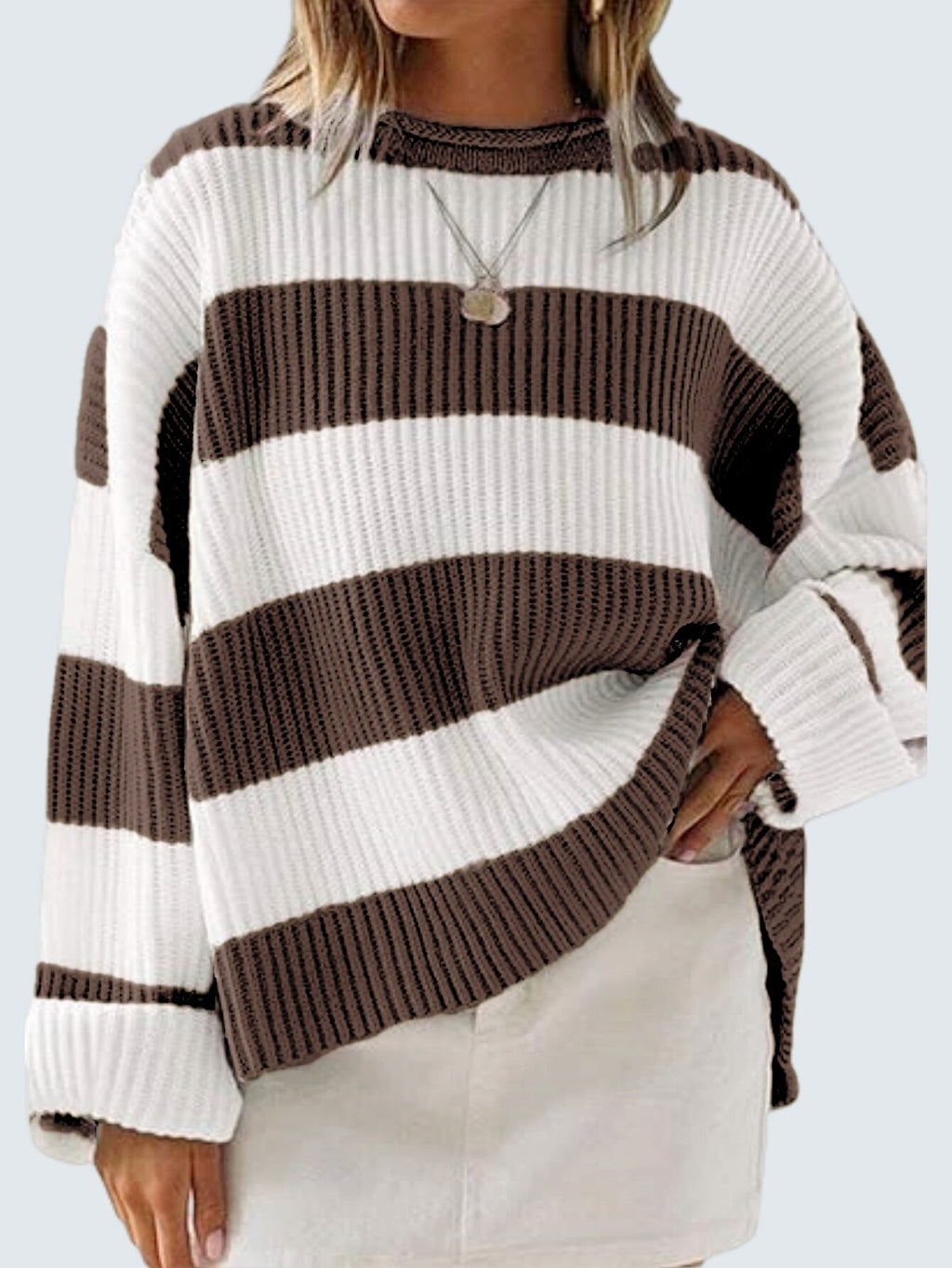 Wide Stripe Oversized Crew Neck Sweater - Coffee