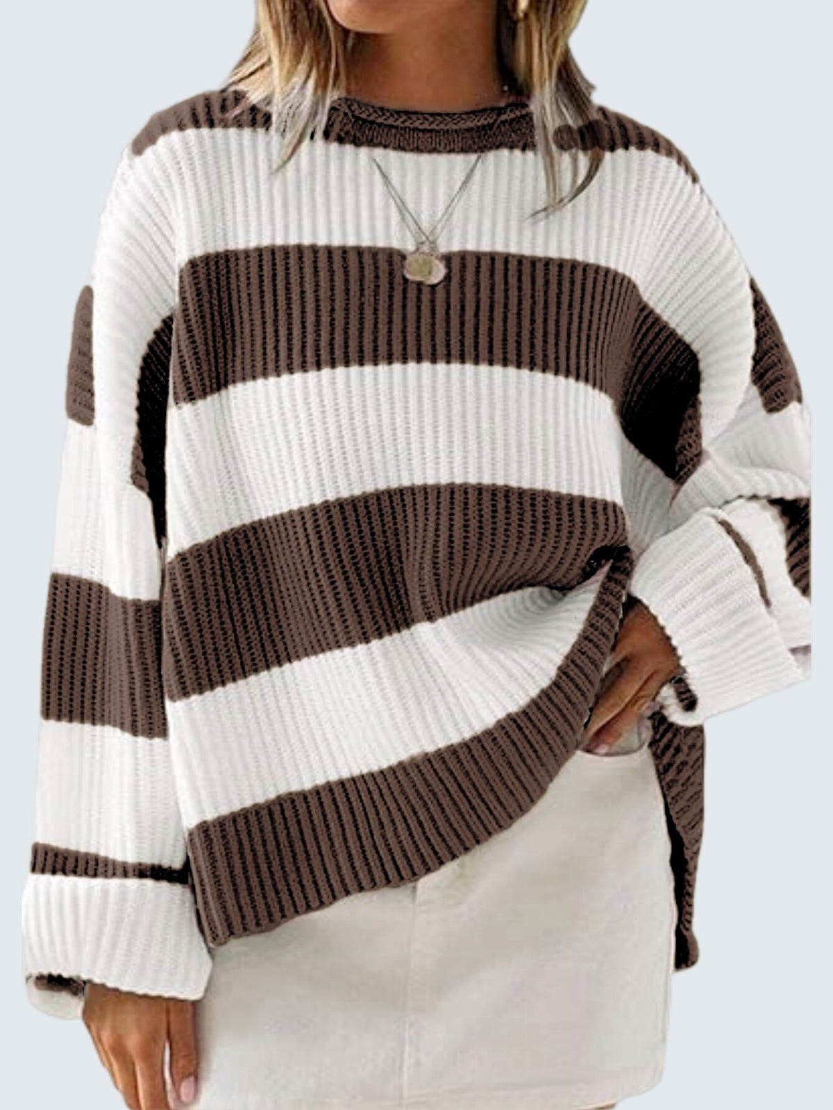 Wide Stripe Oversized Crew Neck Sweater - Coffee