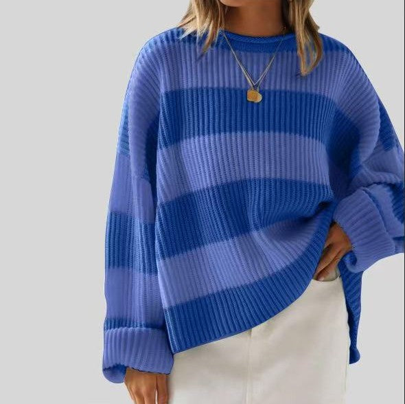 Wide Stripe Oversized Crew Neck Sweater - DarkBlue