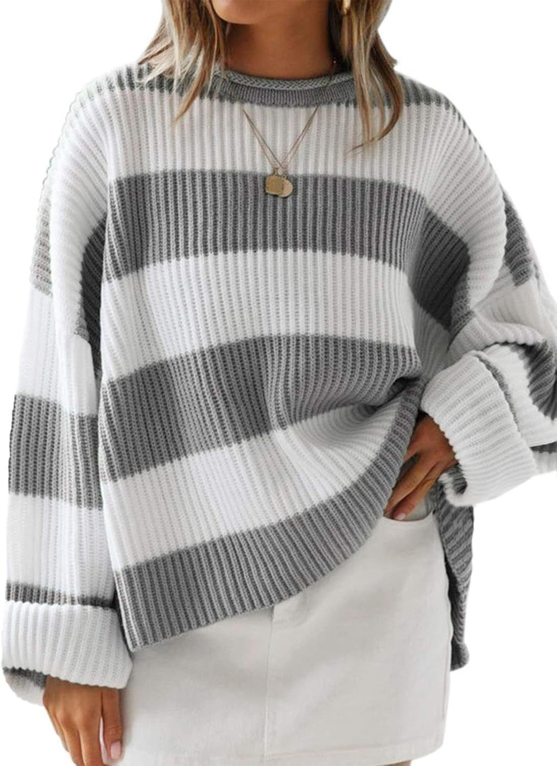 Wide Stripe Oversized Crew Neck Sweater - Grey