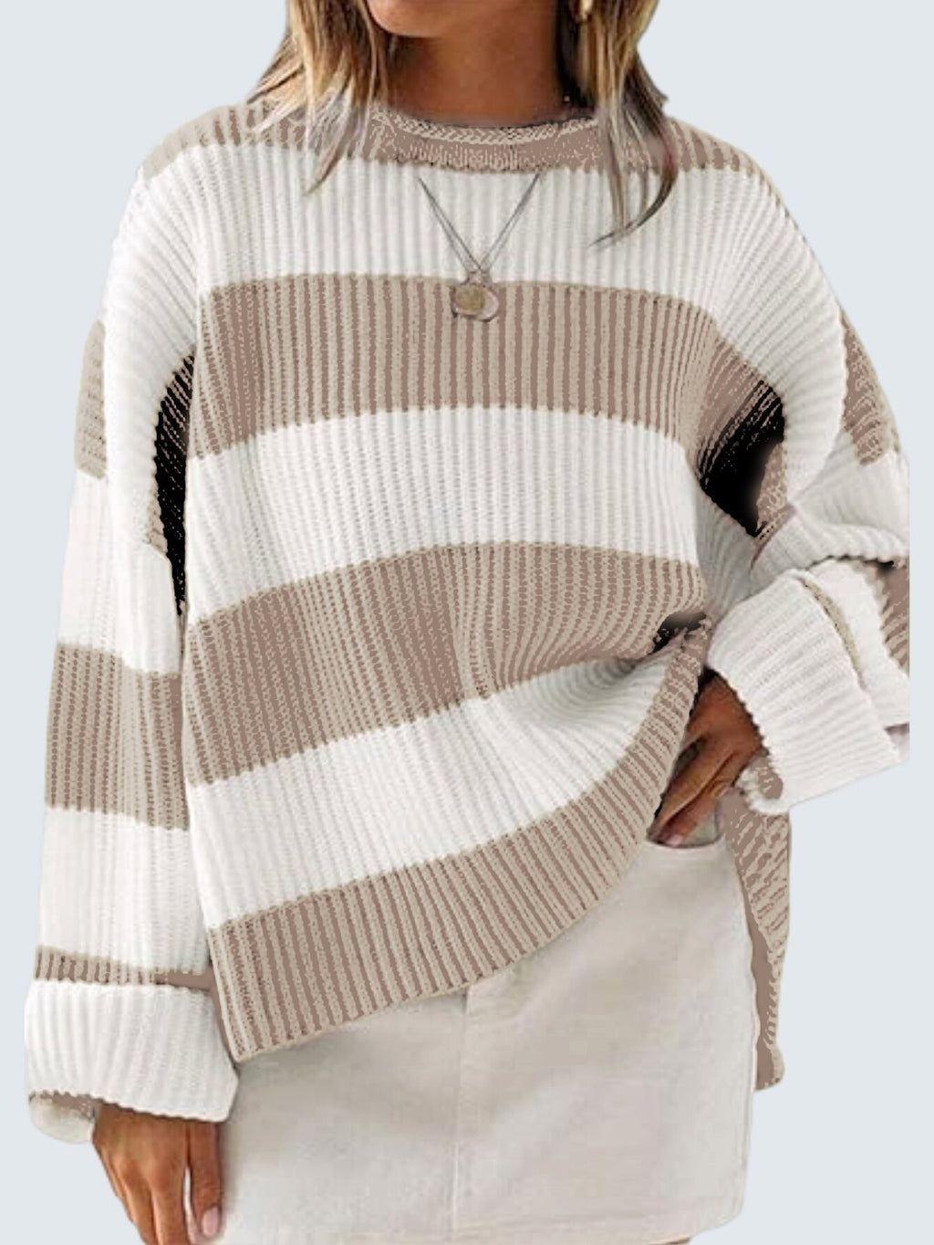 Wide Stripe Oversized Crew Neck Sweater - Khaki