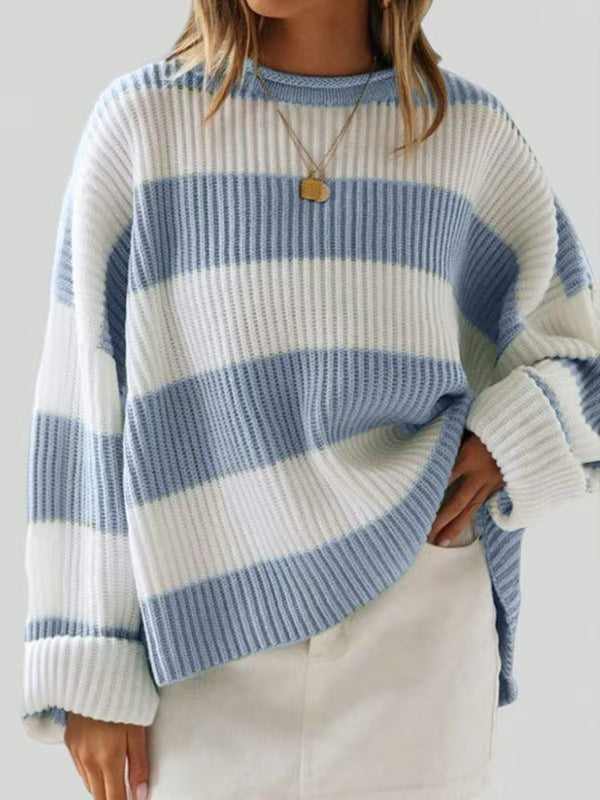 Wide Stripe Oversized Crew Neck Sweater - LightBlue