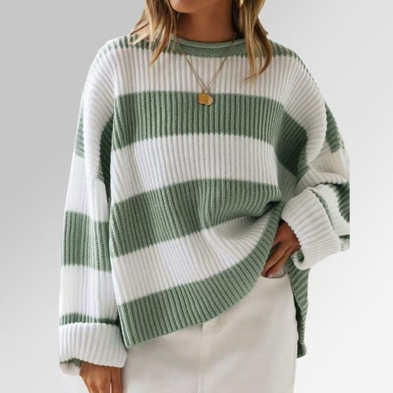 Wide Stripe Oversized Crew Neck Sweater - LightGreen