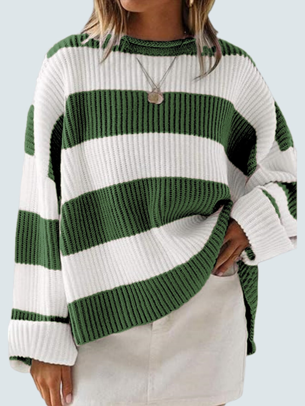 Wide Stripe Oversized Crew Neck Sweater - MilitaryGreen