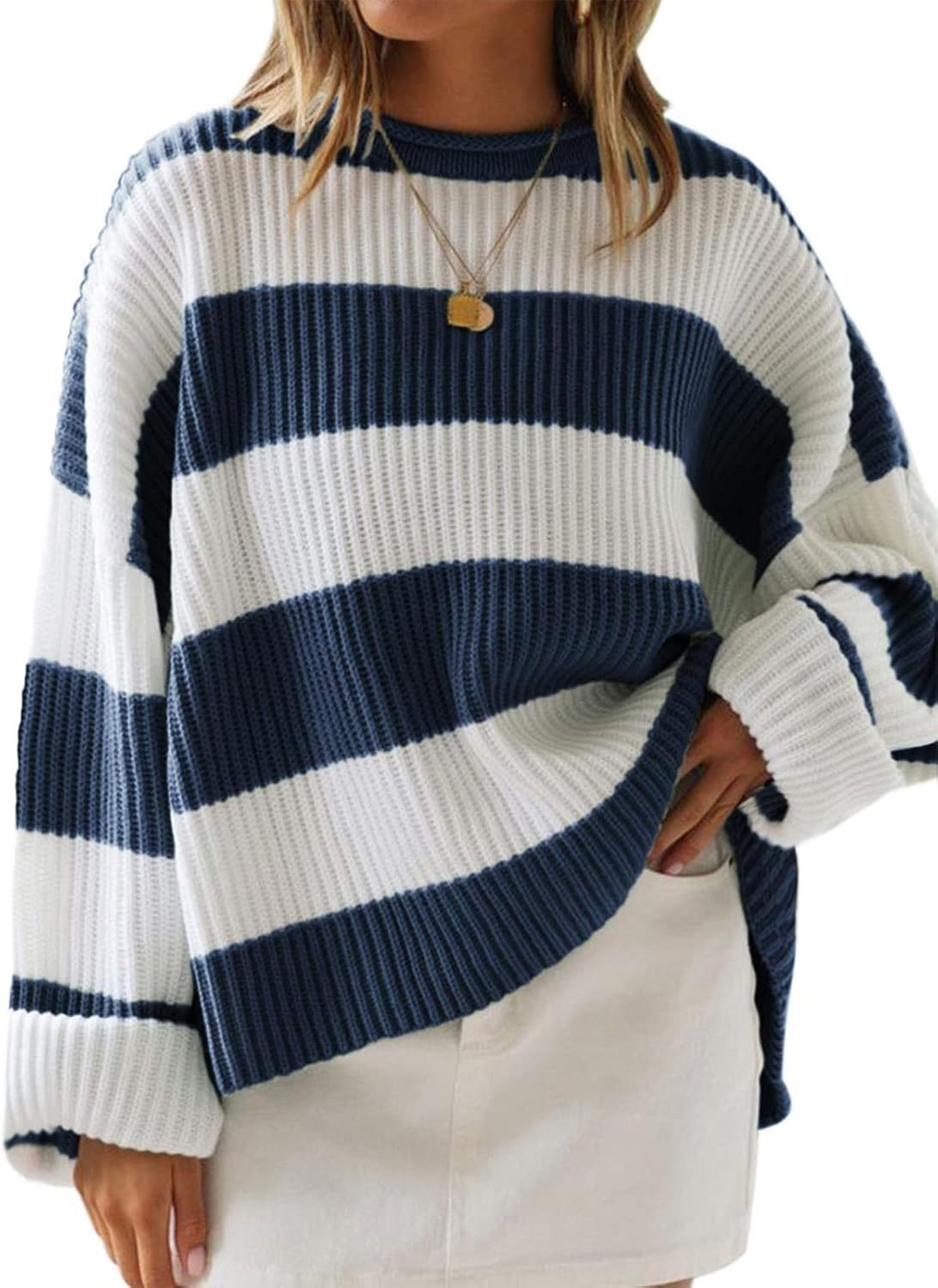Wide Stripe Oversized Crew Neck Sweater - NavyBlue