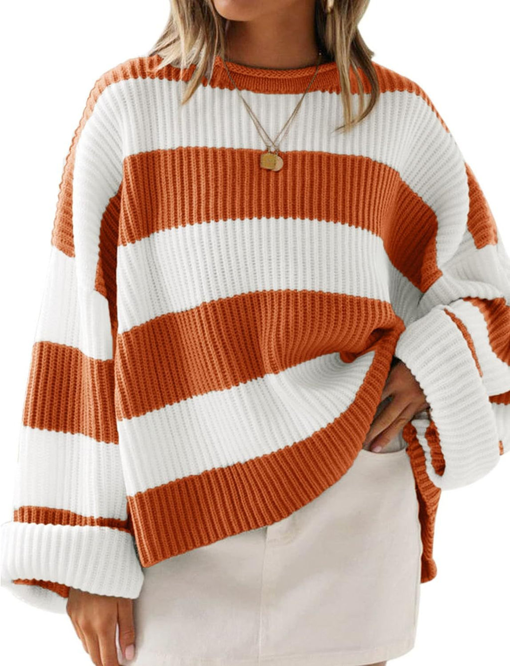 Wide Stripe Oversized Crew Neck Sweater - Orange