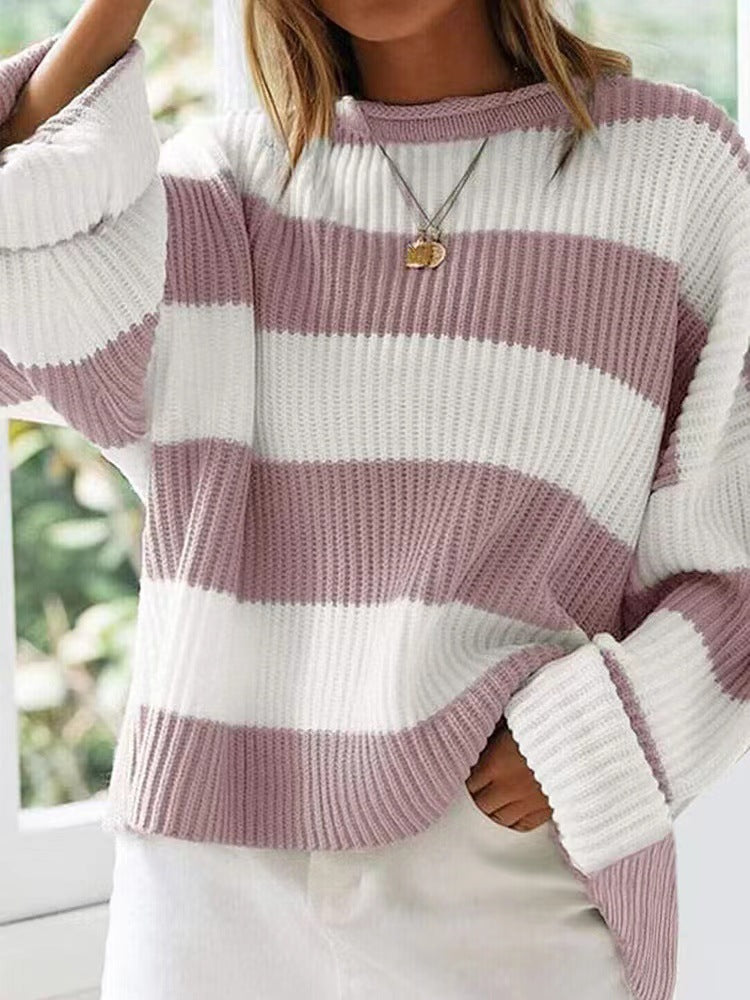 Wide Stripe Oversized Crew Neck Sweater - Pink